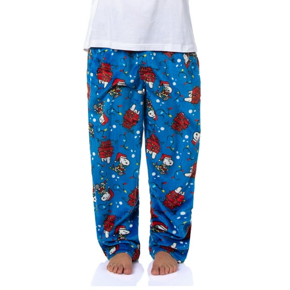 Peanuts Snoopy Holiday Doghouse Christmas Lights Plush Fleece Men's Pajama Pants w Adjustable Waistband & Side Pockets