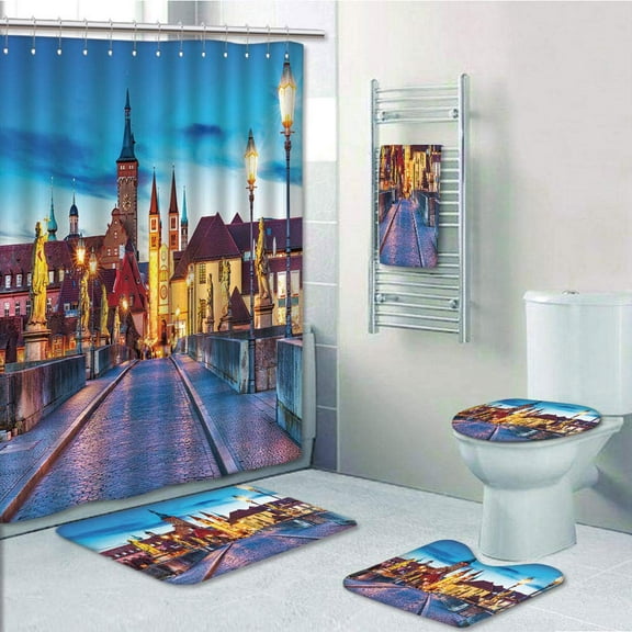 PRTAU Urban Colorful Sunset Evening View of Old Main Bridge in Historical Land Bavaria Germany 5 Piece Bathroom Set Shower Curtain Bath Towel Bath Rug Contour Mat and Toilet Lid Cover