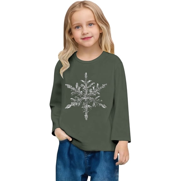 XAOFW Kids T-Shirts Girls Graphic Snowflake Print Round Neck Toddler Youth Everyday Play Long Sleeve Comfort Breathable Daily Lounging Tee