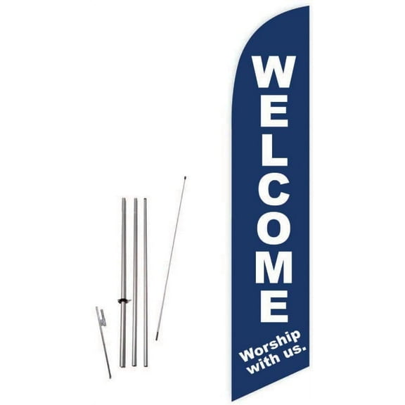 Welcome Worship with Us Dark Blue Super Novo Feather Swooper Flag Banner - Complete with 15ft Pole Set and Ground Spike
