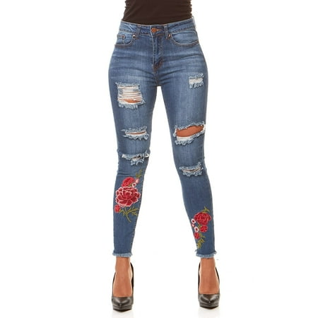 VIP Jeans for women High Waisted Ripped and Distressed Skinny Stretchy jeans with Flower Embroidery | Junior and Plus sizes stylish colors and washes