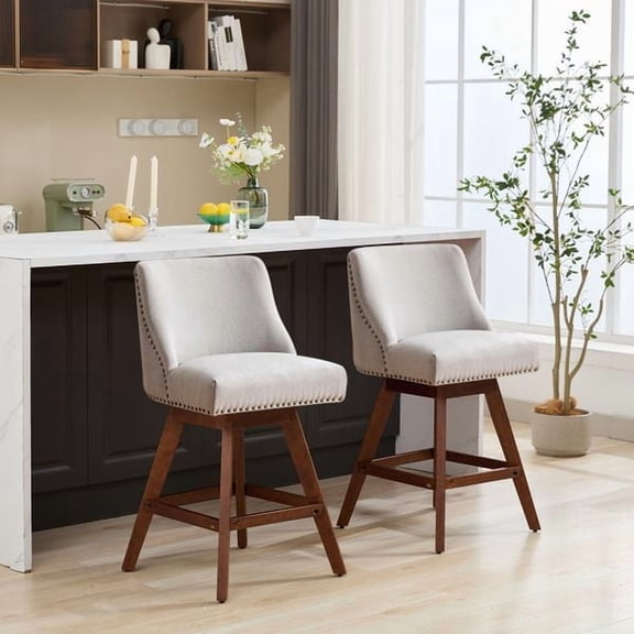 Counter Height Swivel Barstools, 26'' H Seat Height Upholstered Bar Stools Set of 2, Fabric in Ivory