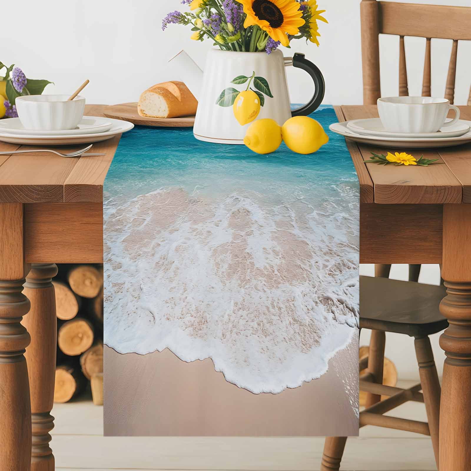 Turquoise Ocean Watercolor Beach Table Runner 90 Inches Long, Summer Seaside Blue Sky Table Runners Tabletop Scarf Kitchen Dining Tables Decoration for Home Party Indoor Outdoor
