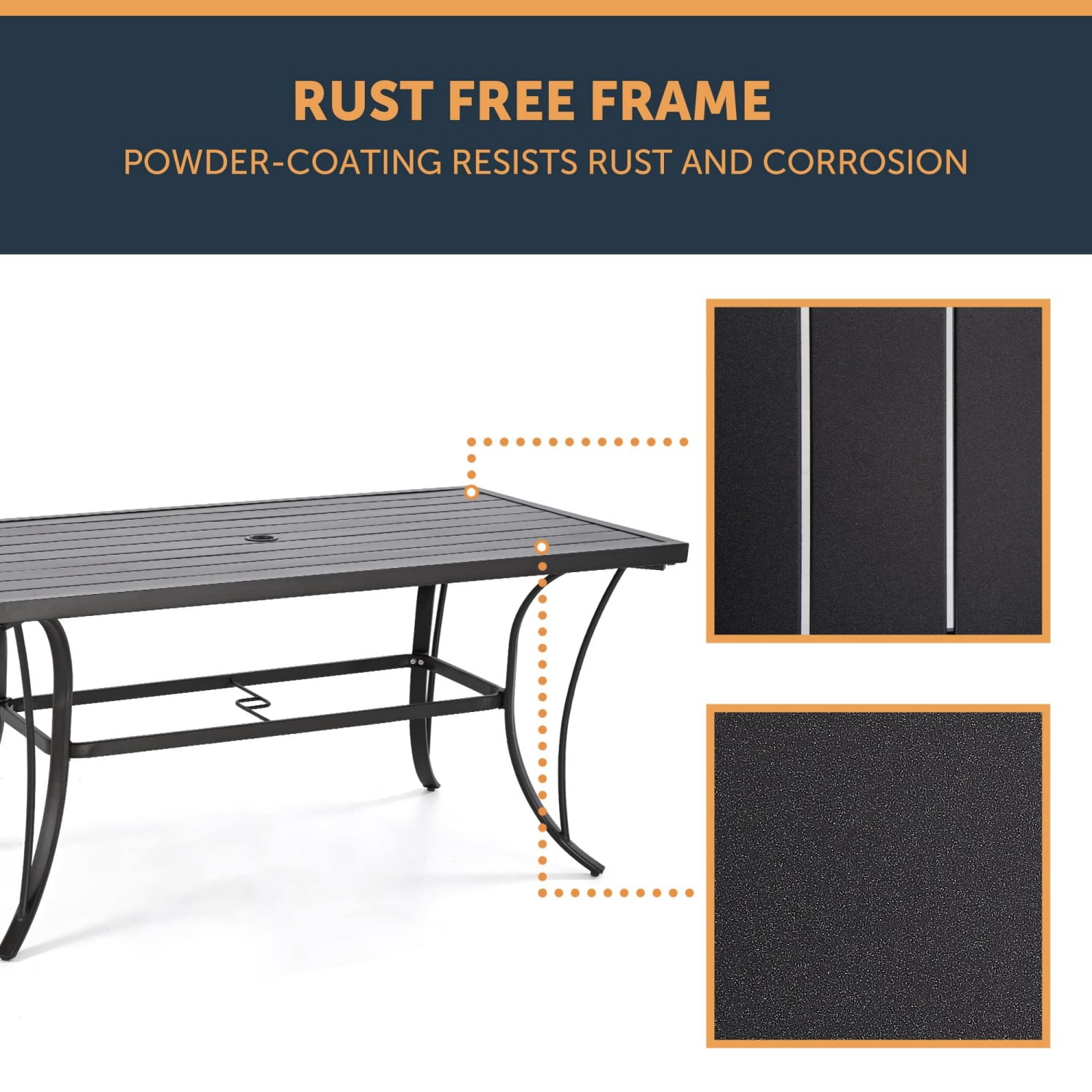 Patio Dining Table for 6, 60" Outdoor Metal Steel Slat Table with 2" Umbrella Hole, Backyard Garden Porch Dining Furniture, Dark Brown