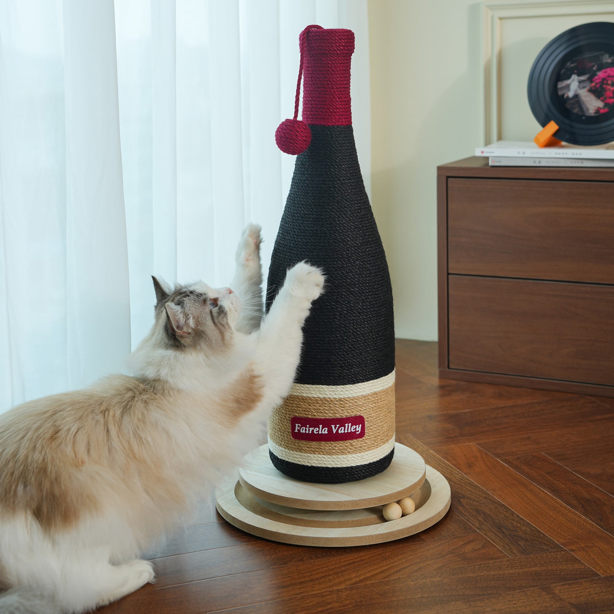 Fairela Rotating Base Sisal Rope Cat Scratching Post with Hanging Toy Ball, Brown Wine Bottle
