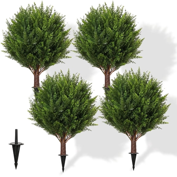 Artificial Cedar Shrub Ball Trees 15.8” with Ground Spikes | UV Resistant Outdoor Plants 4PCS
