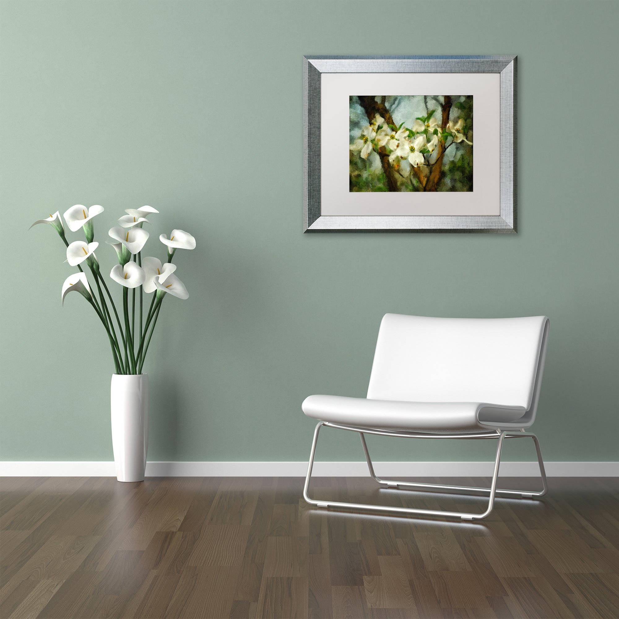 Trademark Fine Art "Painted Dogwood" Canvas Art by Lois Bryan White Matte, Silver Frame