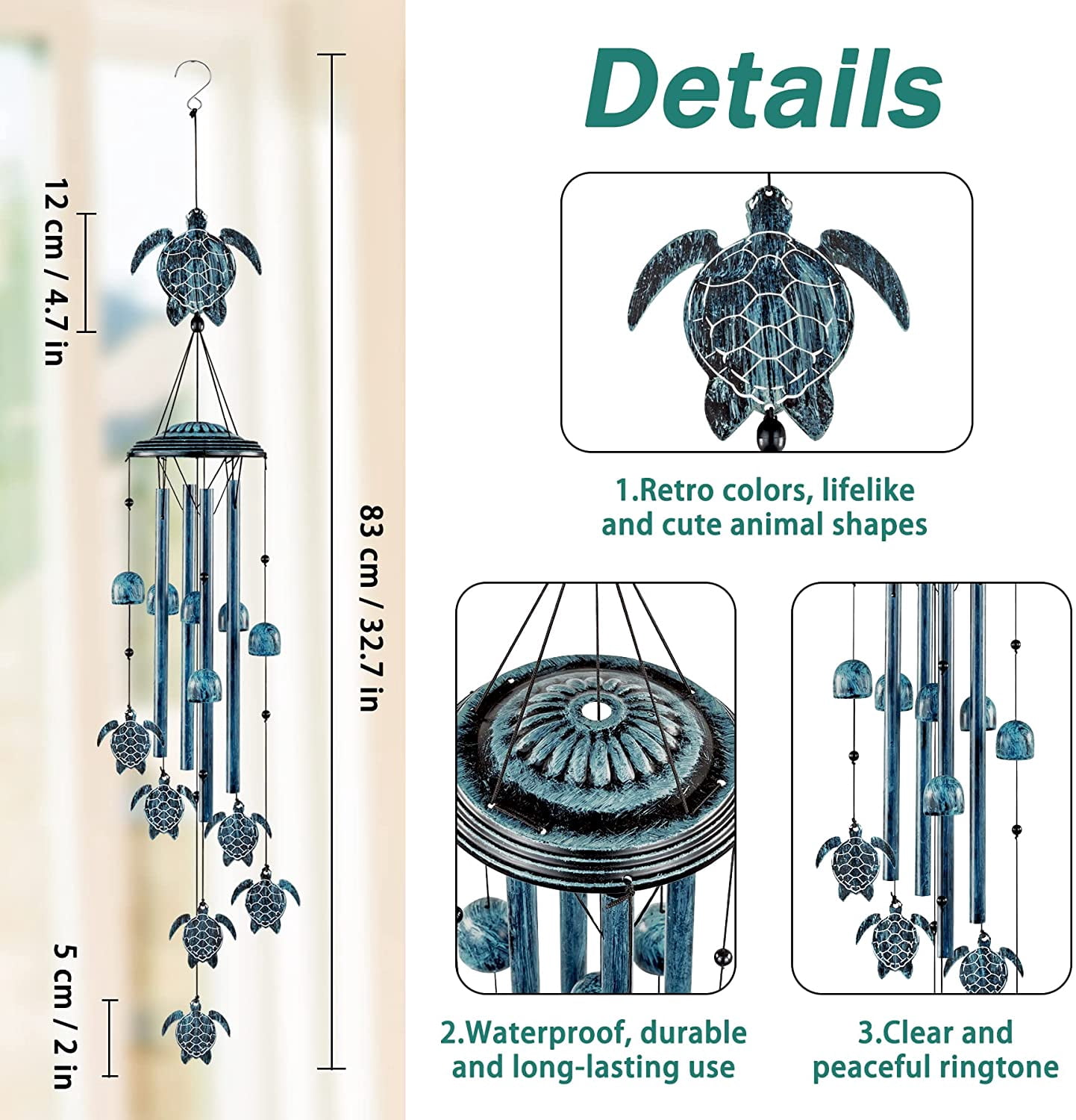 Luxify Aluminum Sea Turtle Wind Chime, 4 Aluminum Tubes