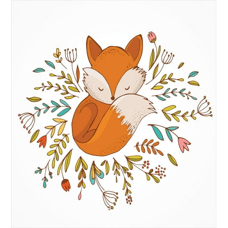 Coral Bedding Set Cartoon Duvet Cover Set, Cute Baby Fox Sleeping in a Floral Made Bed Circle Art Print, Decorative Bedding Set with Pillow Shams, Dark Orange White Teal Coral, by Ambesonne ()