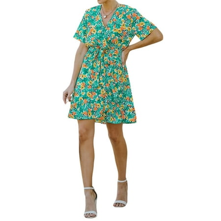 

Calsunbaby Female Short Dress Summer Ladies Flower Print V-Neck Short Sleeve One-Piece Skirt with Waist Belt Casual Streetwear