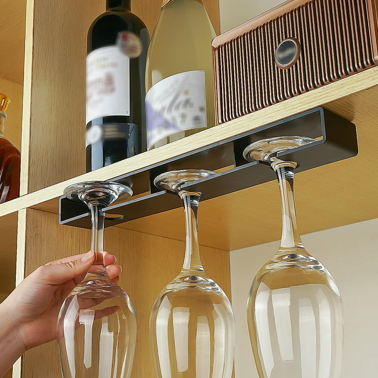 DODAMOUR 2 Pack Wine Glass Holder Under Cabinet, Wine Glass Hanging Rack,  Stemware Storage Rack Wine Glass Hanger for Kitchen, Bar (Black)