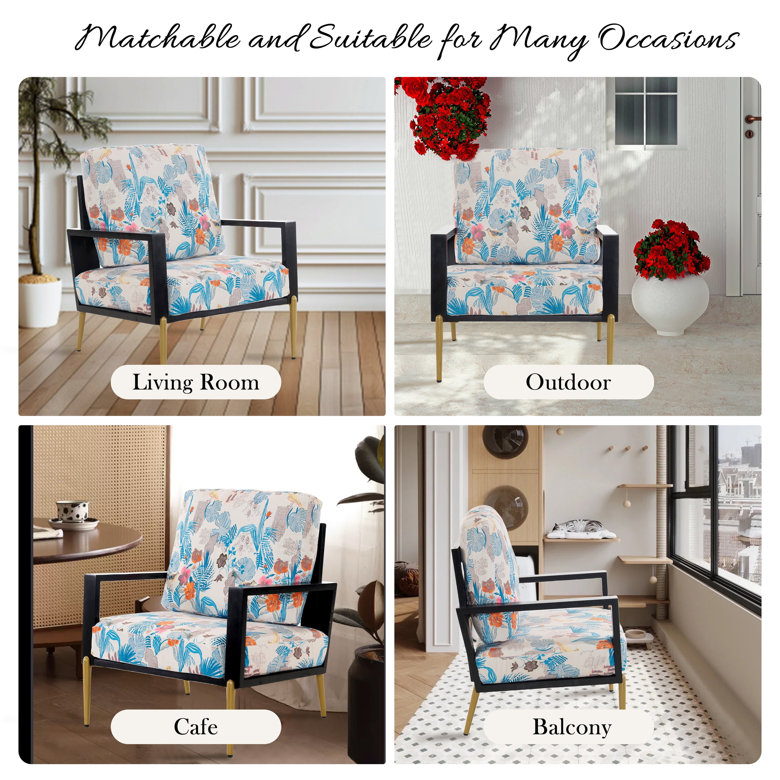 Euroco Accent Armchair with Gold Adjustable Legs, Low-Back Design, and Rubberwood Frame – Oriental Meets American Vintage Elegance