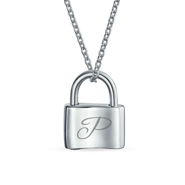 Personalized Script Initial Alphabet Letter P Plain Simple Couples Sentimental Functional Lock Pendant Charm Lovers Padlock Necklace for Women Teens .925 Sterling Silver Chain 16 Inch Custom Engraved