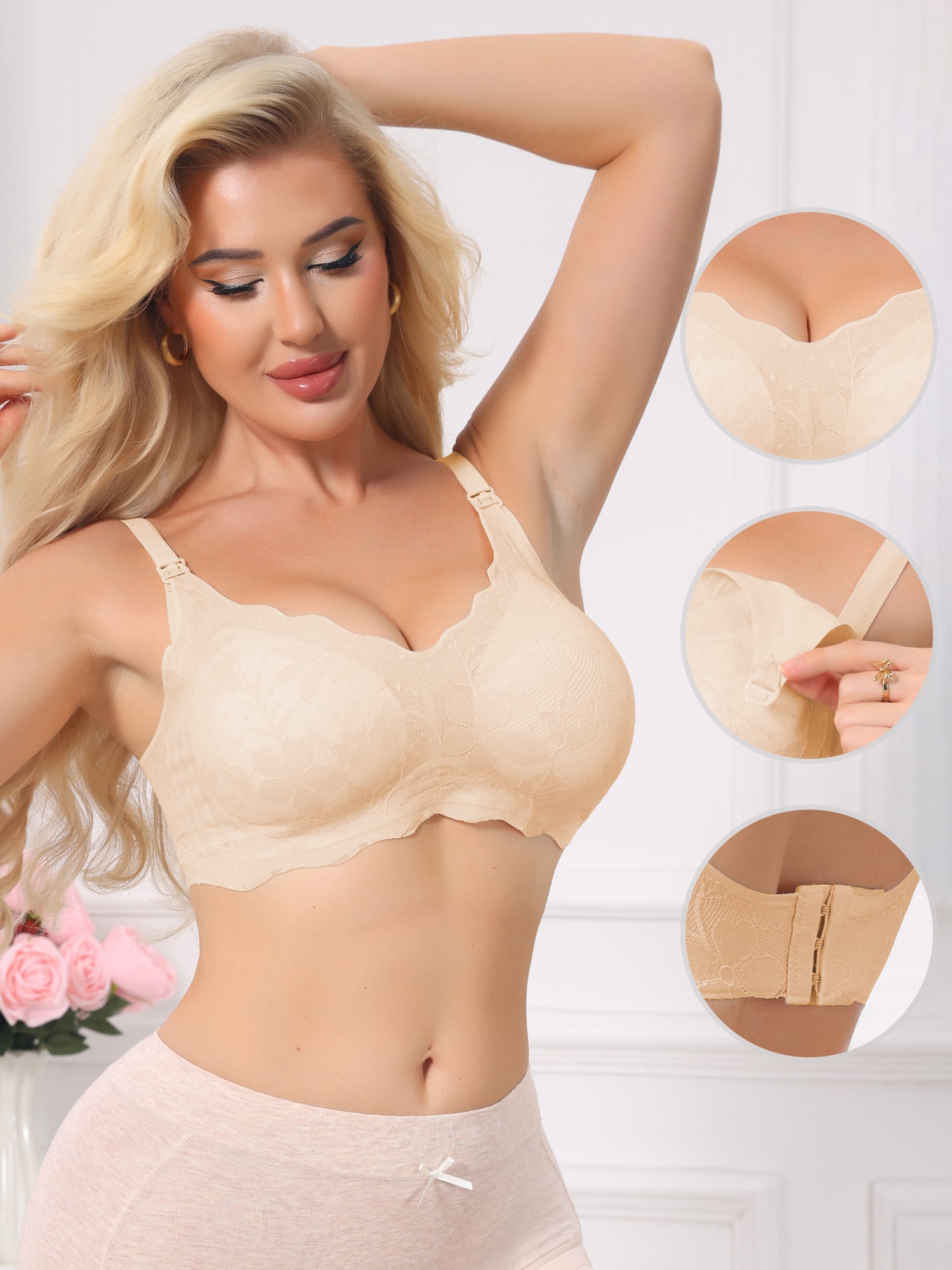DARING DIVA Women's Front Open Maternity Wireless Padded Nursing Bra 2XL Beige