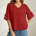 thumbnail image 7 of Ashirexll Short Sleeve Shirts for Women Summer Solid Color V-Neck Three Quarter Pleated Sleeve Button Down Slit Top T-Shirt, 7 of 7