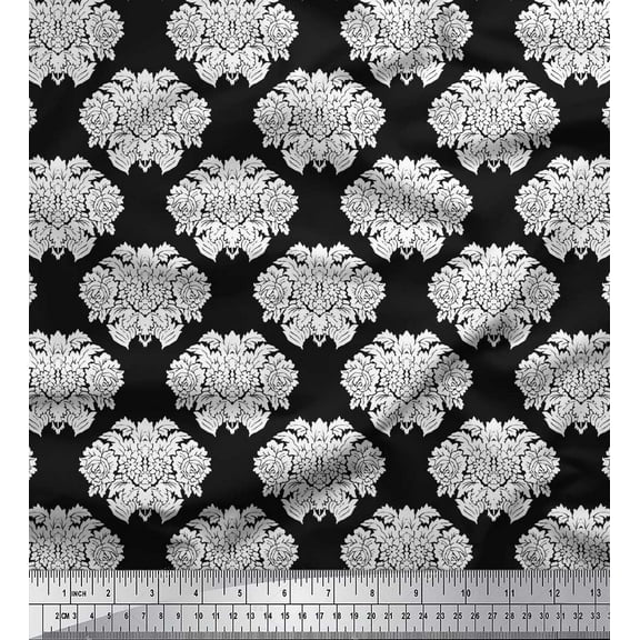 Soimoi Black Cotton Duck Fabric Floral Damask Printed Craft Fabric by the Yard 42 Inch Wide