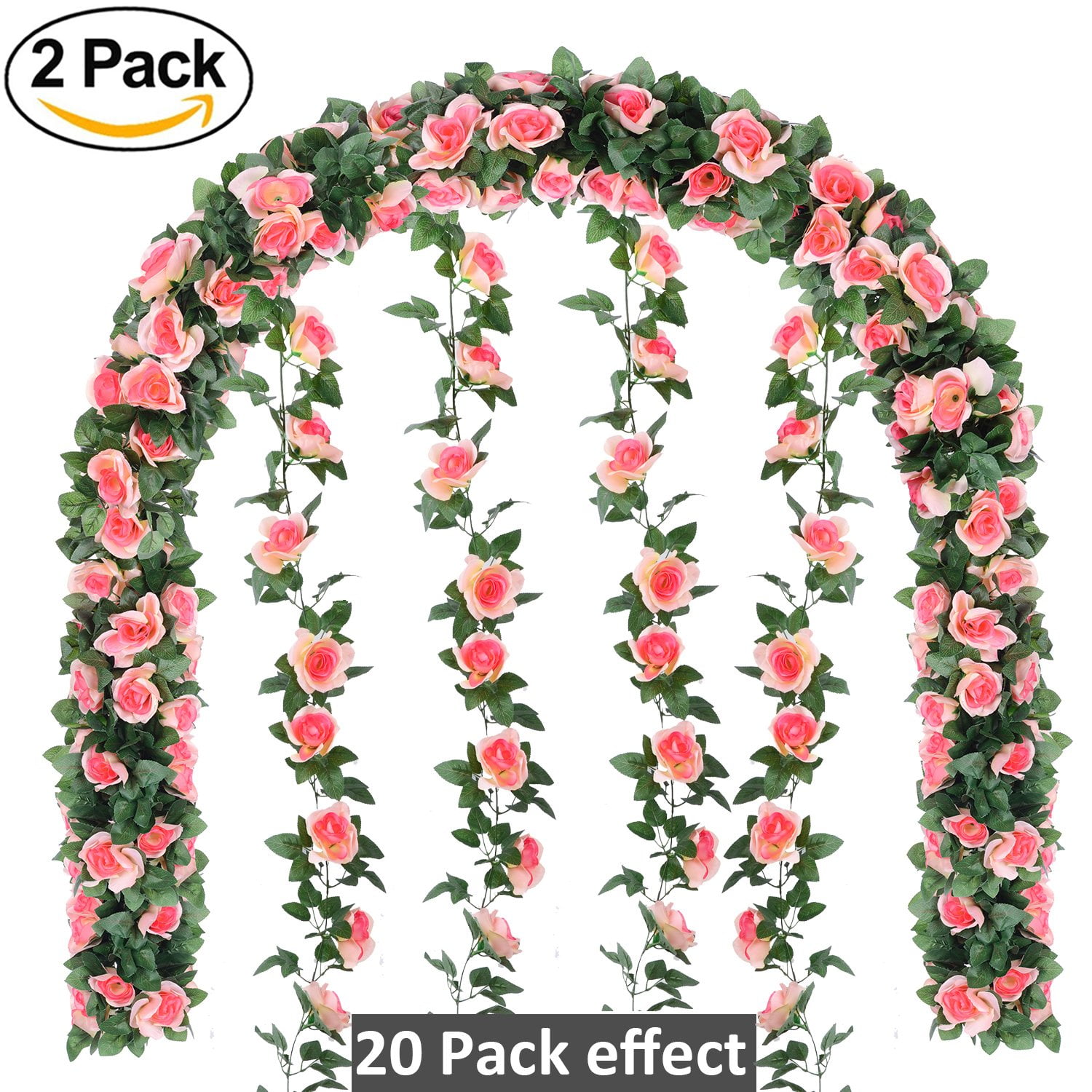 TINGOR Artificial Flower Rose Vine Garland, 8FT/Piece 2 Pack Realistic