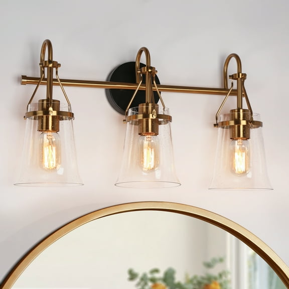 LNC Black & Gold 3-Light Bathroom Vanity Light with Seeded Glass Bell Shades, Dimmable