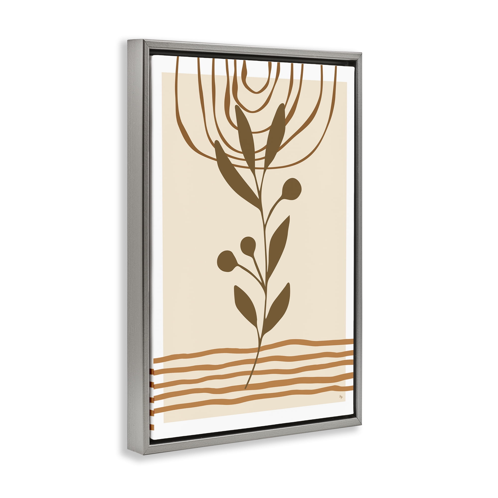 Stupell Industries Bohemian Plant Sprig Botanical & Floral Painting Gray Floater Framed Canvas Art Print Wall Art, 21 x 31