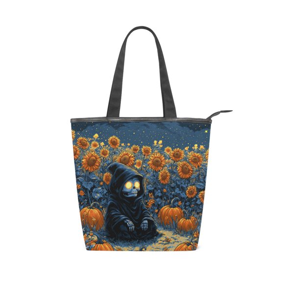 Zipper canvas bag large capacity large size practical handbag durable Canvas with leather material Black-robed Skeleton