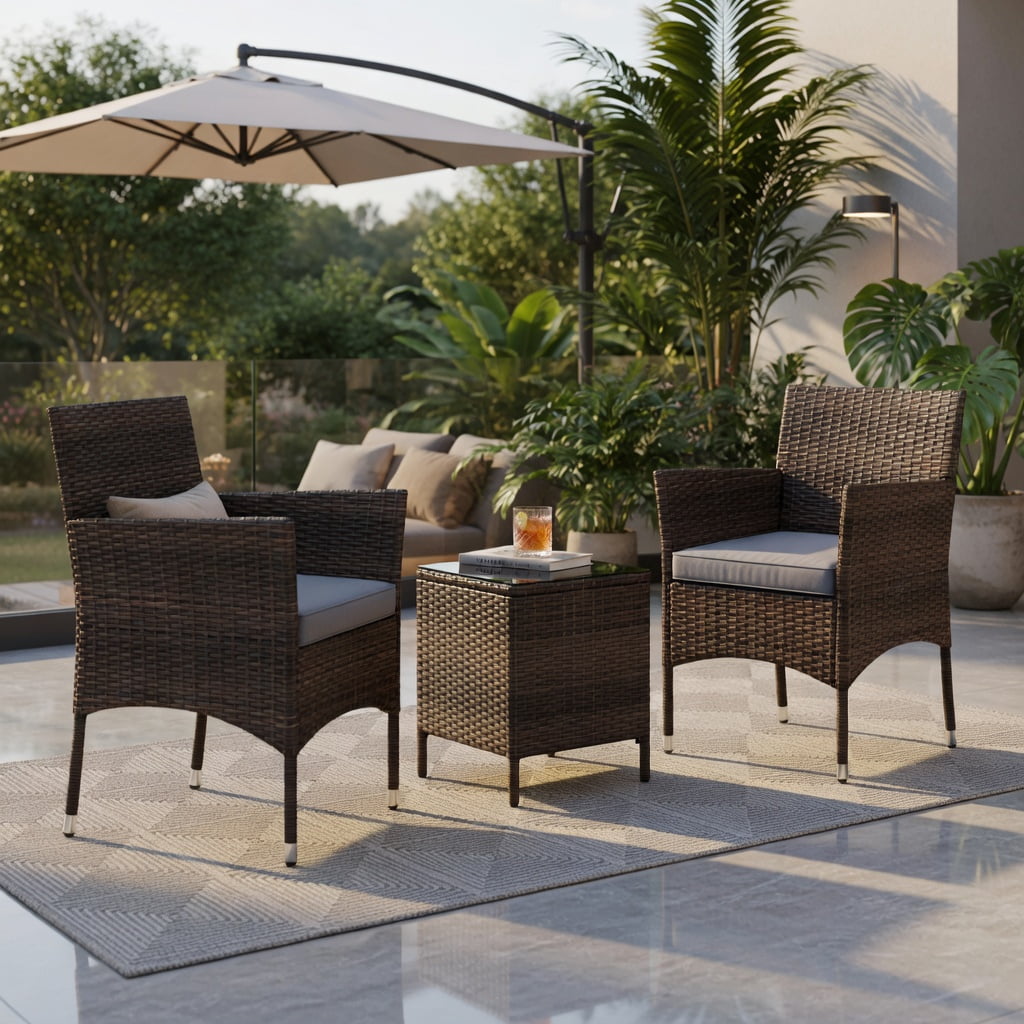 Hommoo 3-Piece Outdoor Wicker Conversation Set, PE Rattan Chairs with Cushions & Tempered Glass Square Coffee Table for Patio, Backyard, Poolside, Gray