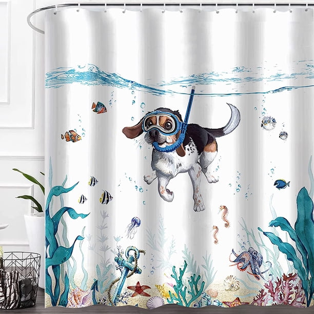 Cortina de ducha de perro buceador 180 x 180 cm Perro buceador Animales del océano Patrón de peces Algas marinas Cortina de ducha de poliéster duradera e impermeable Accesorios de baño modernos y lav