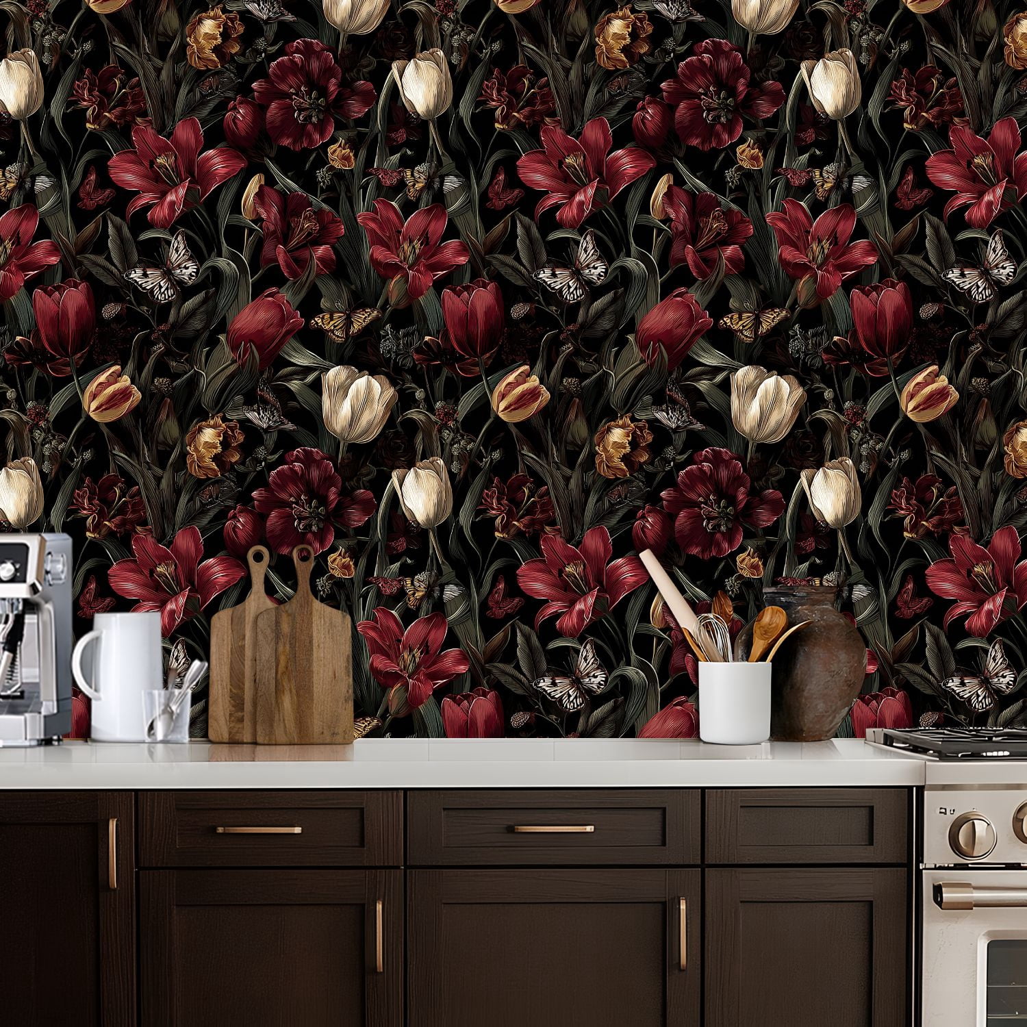 Peel and Stick Wallpaper Vintage Floral Tulips Lilies Butterflies Dark Wall Mural 17.7in x 9.8ft Self Adhesive Removable Wall Paper Renter Friendly Wallpaper for Nursery Bedroom Cabinets
