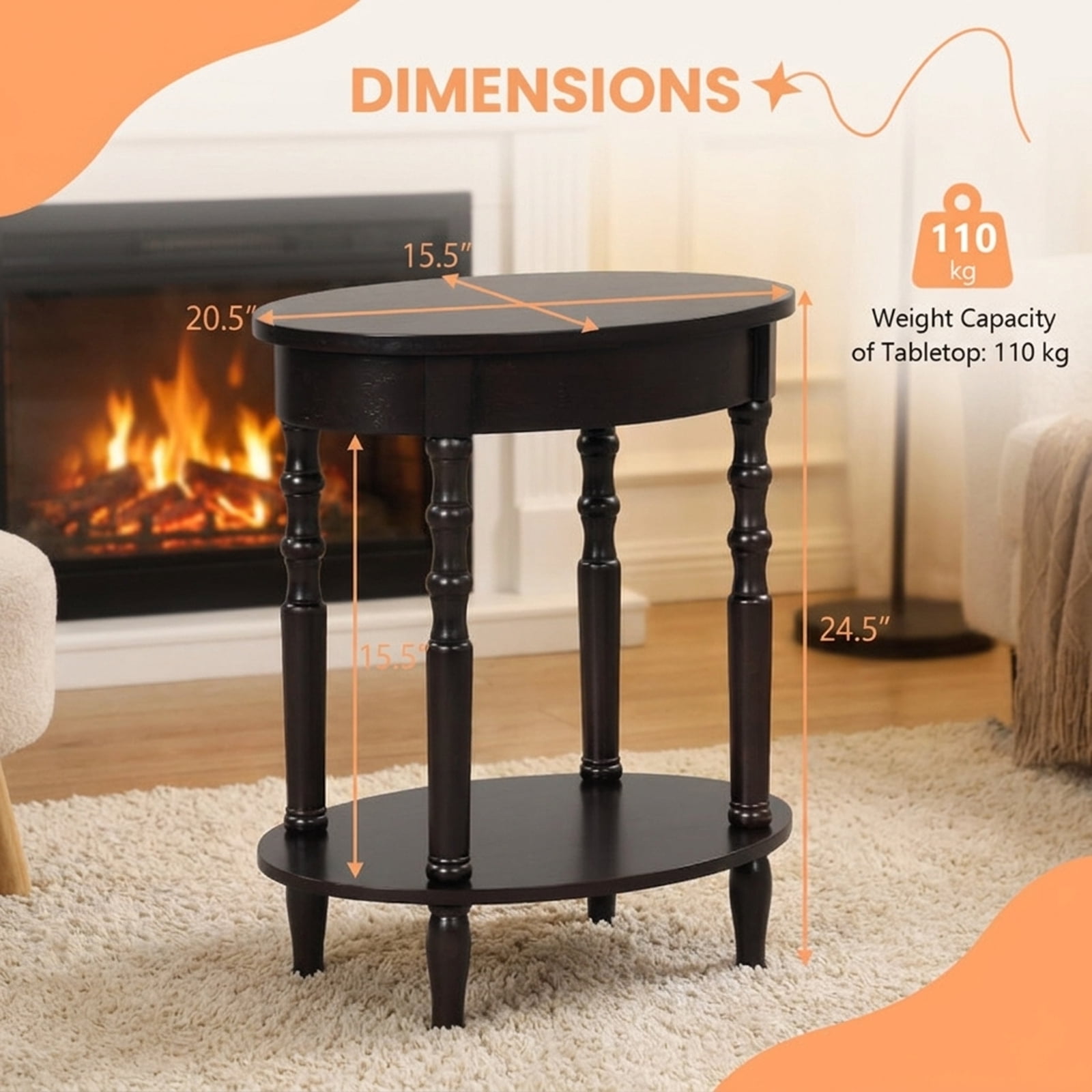 Furnibear 2-Tier Oval Side Table with Storage Shelf and Solid Wood Legs for Living Room Bedroom Sofa Side Nightstand Small Spaces, Espresso