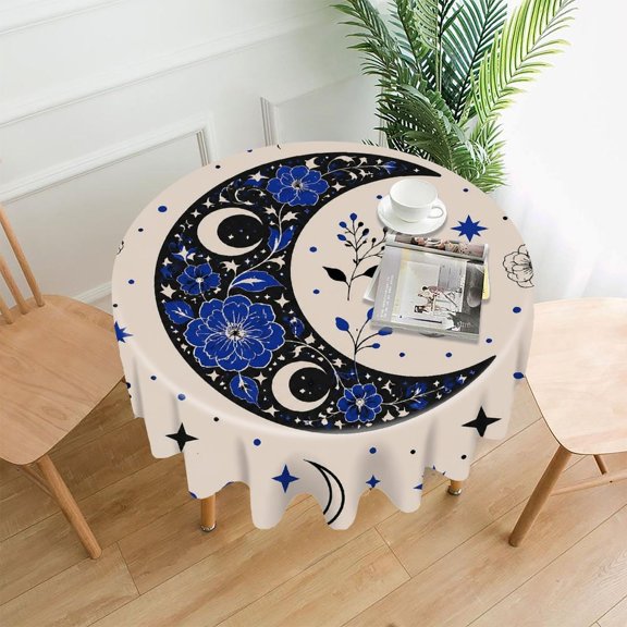 RKSupls 60 Inch Round Tablecloth, Blue Floral Crescent Premium Polyester Straight Edge Wrinkle Resistant Washable Table Cover for Party Home Dining Decor
