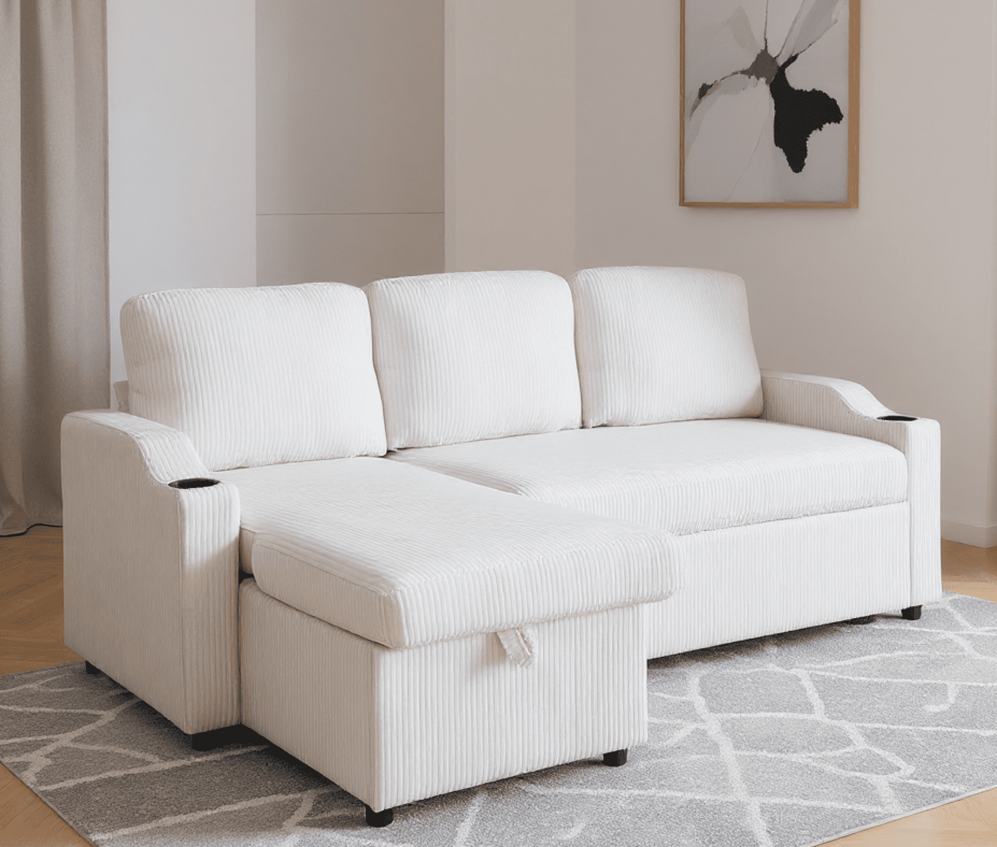 Gewnee Pull Out Sofa Bed,3 In 1 Sleeping and Seating Sofa with Storage Function,with Corduroy Fabric L-shaped Sofa,Suitable for Living Room,Bedroom and Apartment（Beige)
