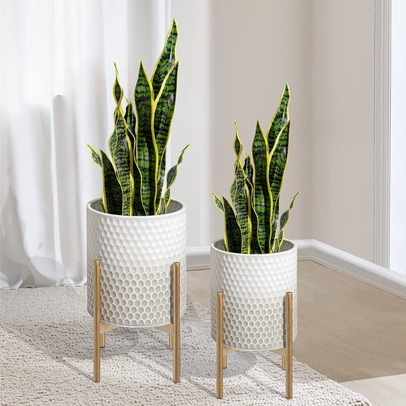 Mid Century Planters for Indoor Plants, Set of 2, Modern Decorative Metal Pots for Living Room, Office, Garden or Balcony, Gray and White Gradient Planter with Stand, 8 inch&10 inch