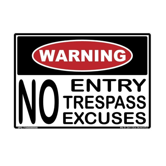 Warning No Entry Trespass Excuses Private Property Do Not Enter Animal Gun Protection Injury Death Notice Black Red White Rectangle Label Sticker Decal Made in America (3.5" x 5")