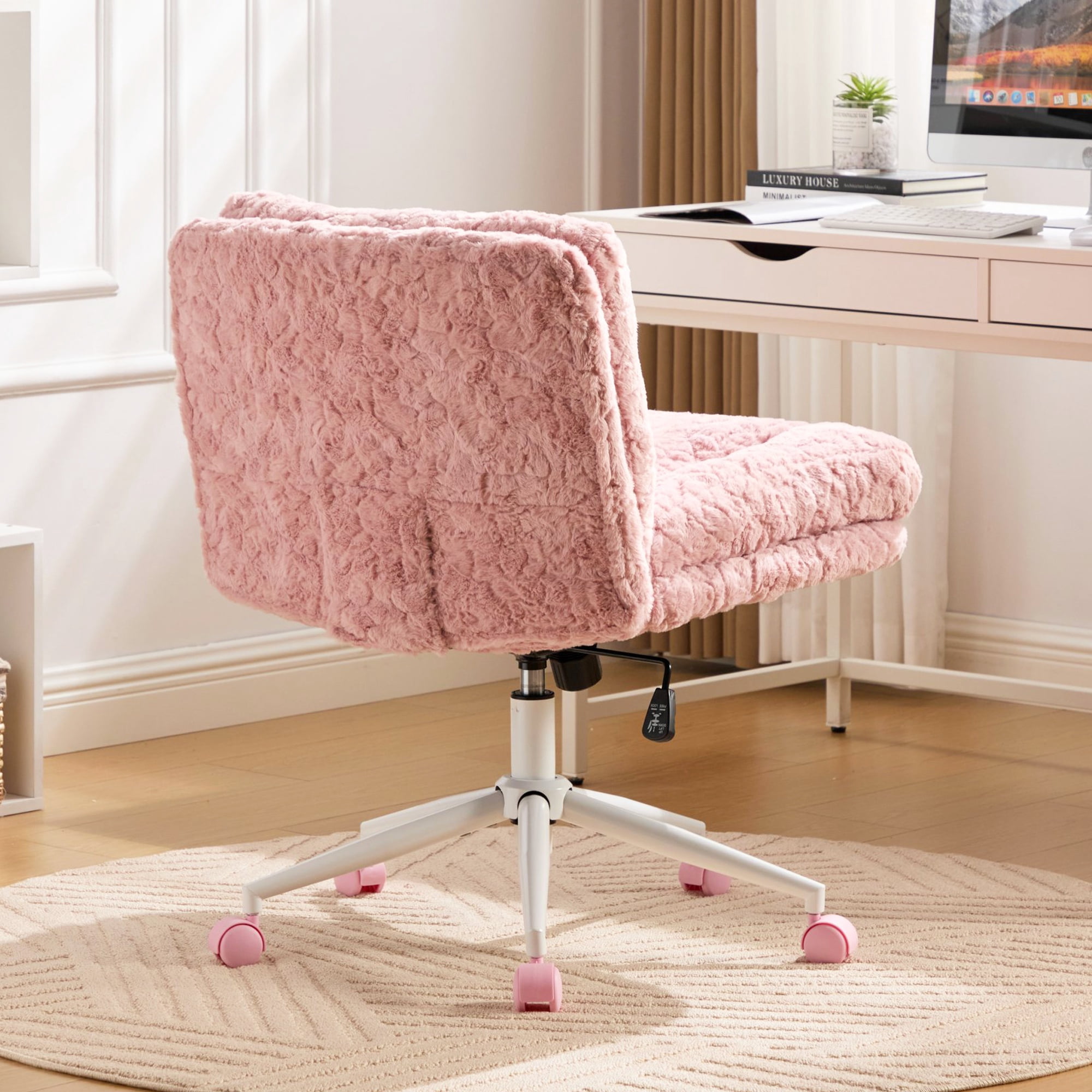PORKISS Vanity Chair Makeup Chair, Home Office Chair, Ergonomic Desk Chair with Soft Faux Alpaca, Adjustable Swivel Task Computer Chair with Wheels, Pink