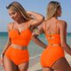 thumbnail image 4 of Conjuntos de bikini para mujer, bikinis de cintura alta con cuello en V y cordón ajustable, traje de baño fruncido, conjunto dividido, traje de baño de dos piezas para mujer, traje de baño de 2 piezas, 4 of 4