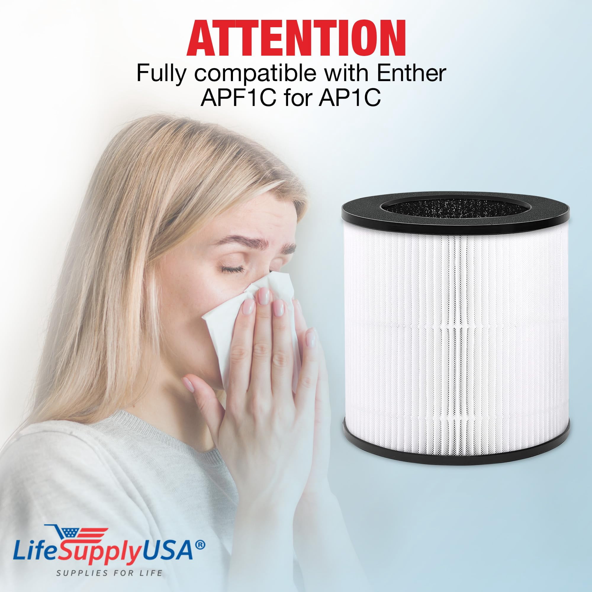 LifeSupplyUSA 3-in-1 True HEPA Air Cleaner Replacement Filter + Pre-Filter + Carbon Filter Compatible with Enther APF1C for AP1C Air Purifiers
