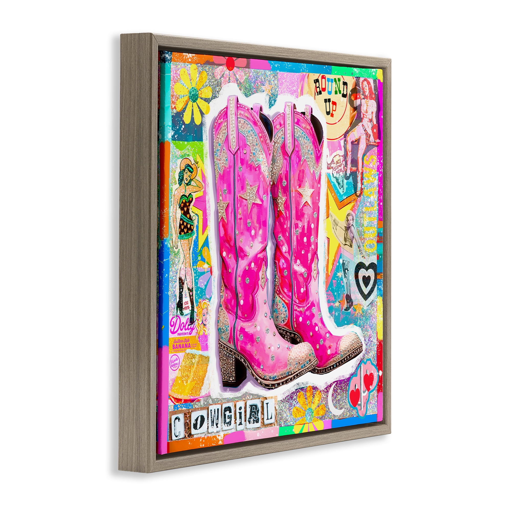 Stupell Industries Groovy Vintage Cowgirl Collage Abstract Painting Brown Floater Framed Canvas Art Print Wall Art, 25 x 25