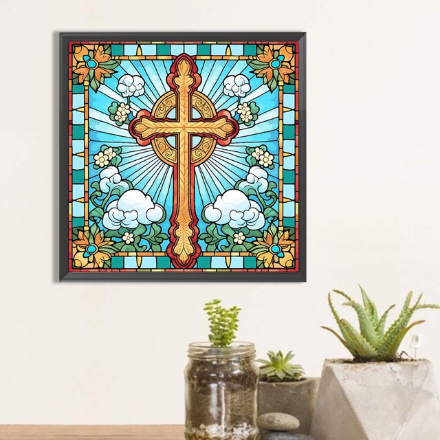 Cuadros Decorativos Pintura de diamante 5D DIY Taladro redondo completo Vidrieras Cruz Kit Decoración (A3086) DQrwqpou embutido en tela