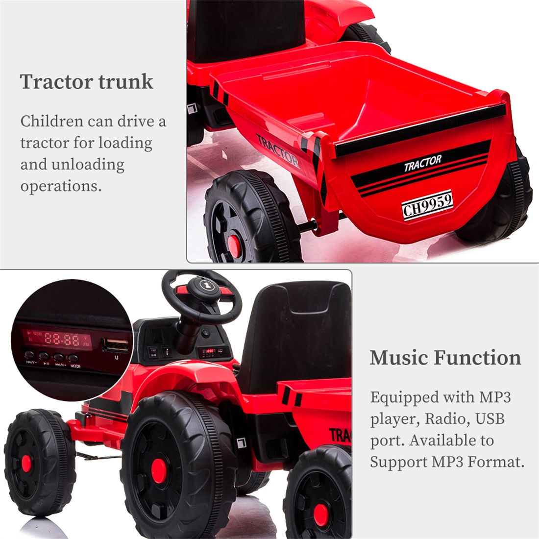 Private Jungle Boy Ride on Tractor, Battery-Powered Toy Tractor with Trailer, Ride On with LED Lights and USB&Bluetooth, Red