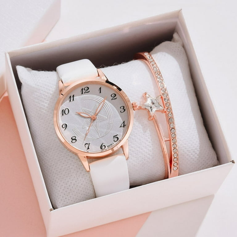 New 2PCS Female New Bracelet Watch Set Cartoon Fashion Leather Band Crystal Women Ladies Wristwatch Watches Relogio Feminino
