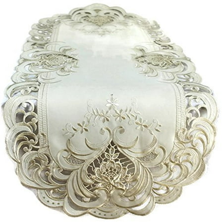 

Doily Boutique Table Runner with Ivory Lace Insets on Ivory Fabric Size 34 x 15 inches