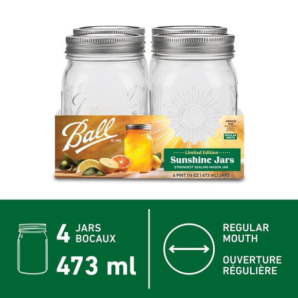 Ball Sunshine Keepsake Mason Jar, Regular Mouth, Pint Size (16 oz/473 mL), 4 Pack