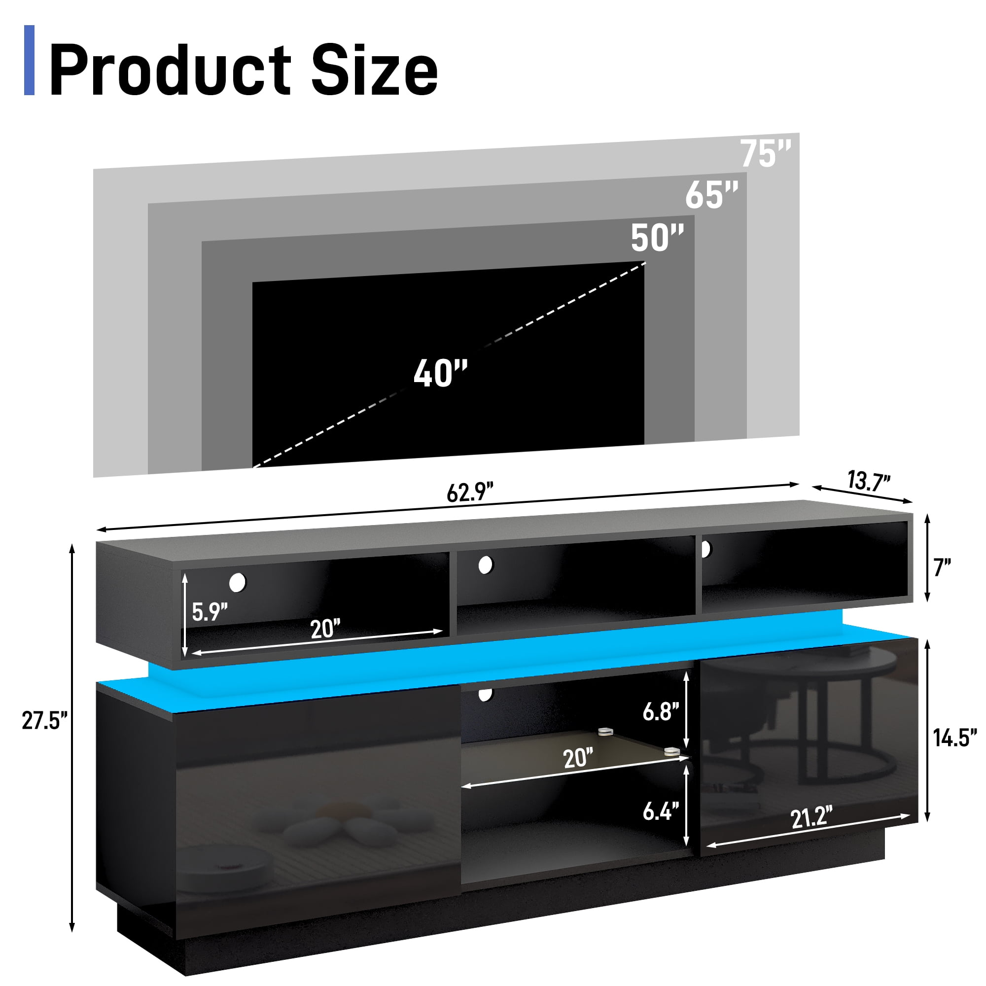 ChVans LED TV Stand for up to 70" TVs with Power Outlet, Modern Tall Entertainment Center with Storage, High Gloss Gaming TV Media Console with 2 Storage Cabinets for Living Room, Bed Room