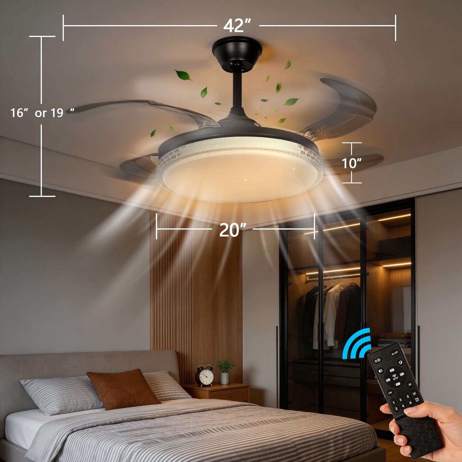 RJFKSNC 42" Retractable Ceiling Fan with Light,Acrylic chandelier, Dimmable LED 3000K-6500K, 6 Speeds, Reversible Motor, Remote & APP Control, for Living Room Bedroom Dining Room