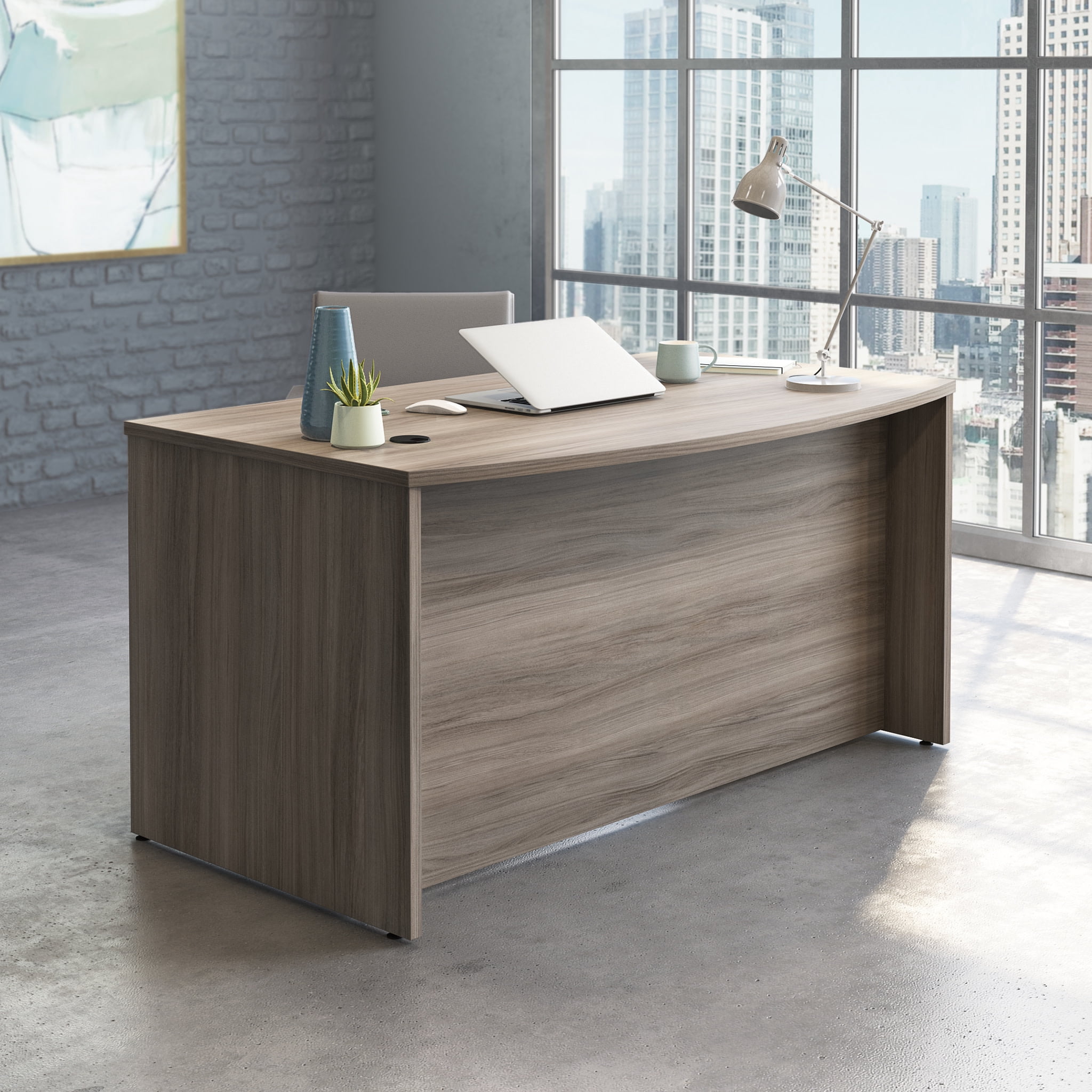 Sauder Affirm Engineered Wood Bowfront Executive Desk in Hudson Elm/Brown