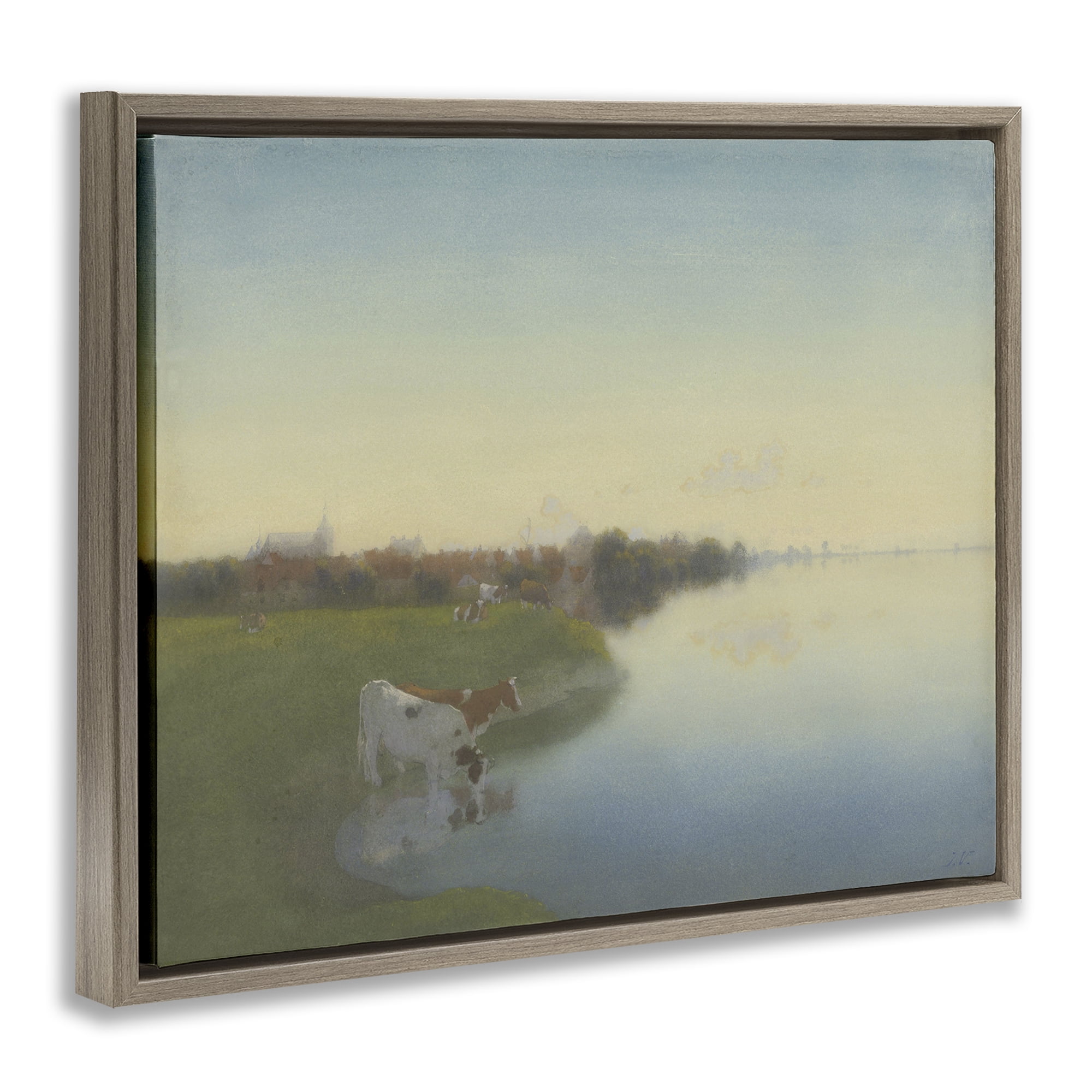 Stupell Industries Cows in Serene Shore Landscape & Nature Painting Brown Floater Framed Canvas Art Print Wall Art, 31 x 25
