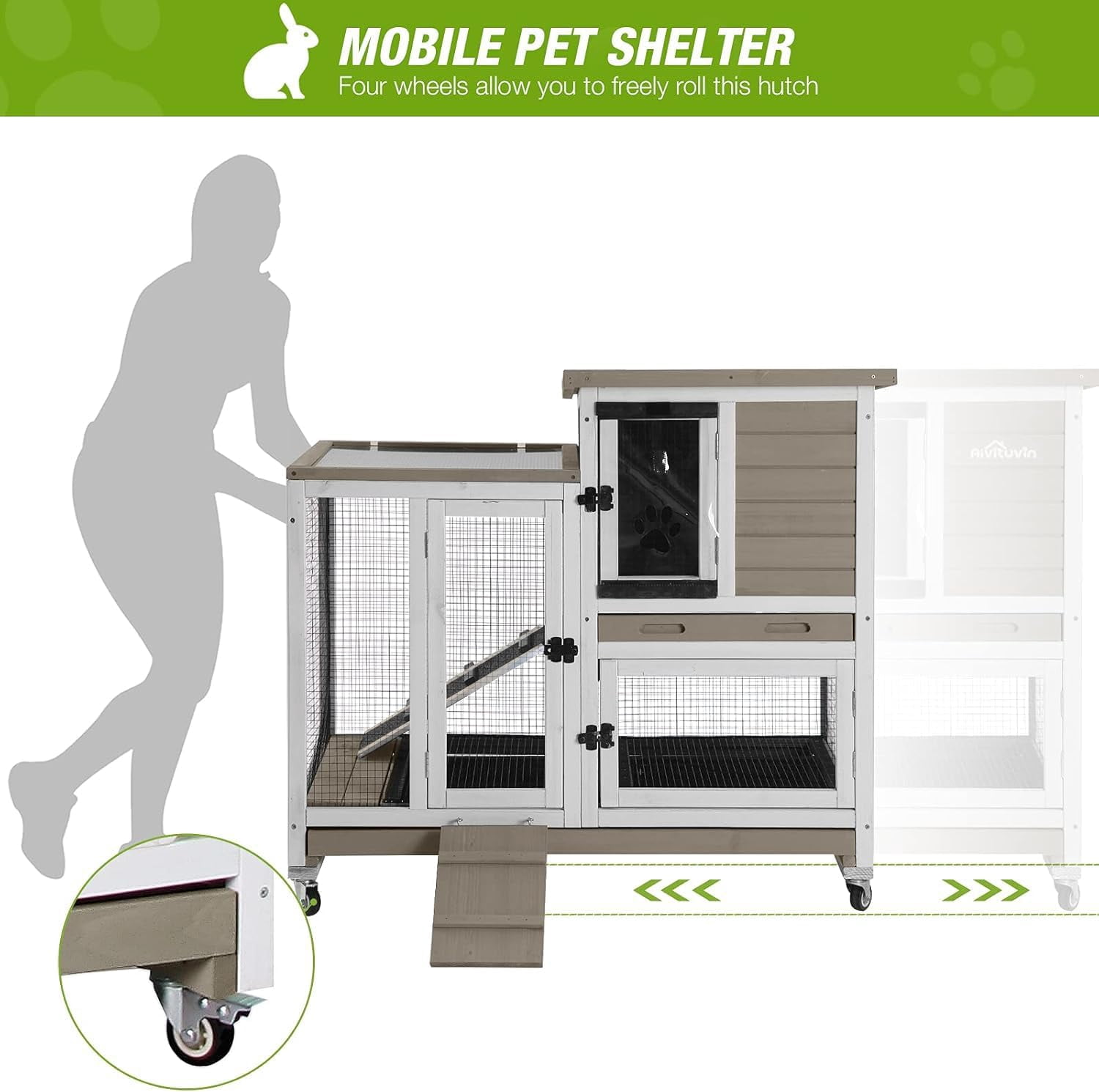 MEDEHOO Large Rabbit Hutch with Removable Wire Netting, 2 Deep Trays, 4 Wheels, Sliding Door, and Extra Access Door - Mocca Color