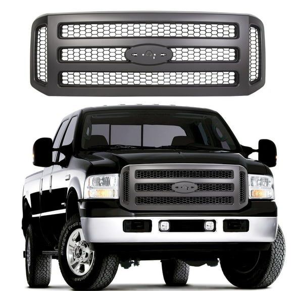 KOJEM Front Grille Fit for 2005-2007 Ford F250 F350 F450 F550 Super Duty Excursion Upper Bumper Hood Grill Painted Black #5C3Z8200BAA