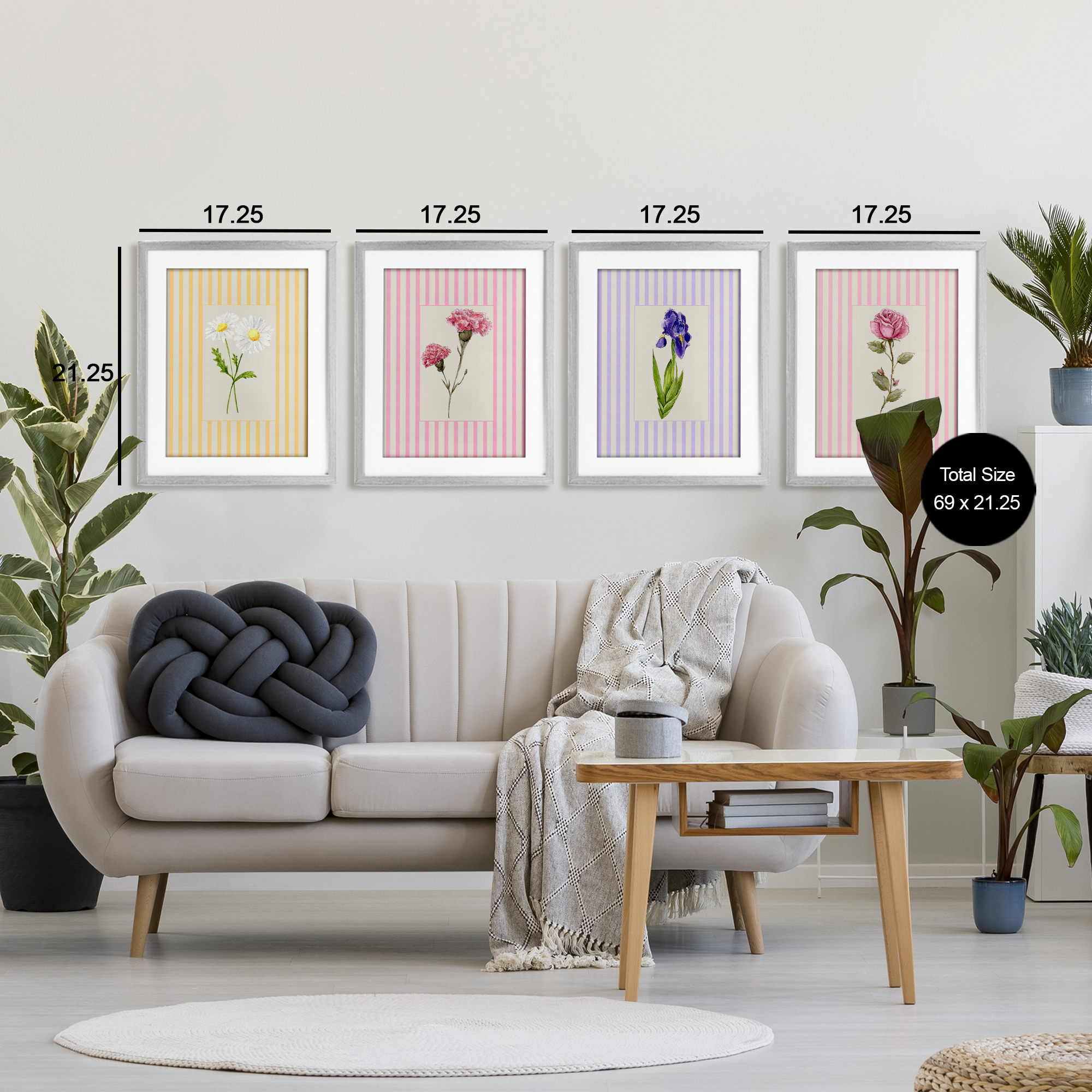 Cottage Stripe Sprigs 4 Piece Gray Framed Print Under Glass Set, design by Lisa Wehmeyer