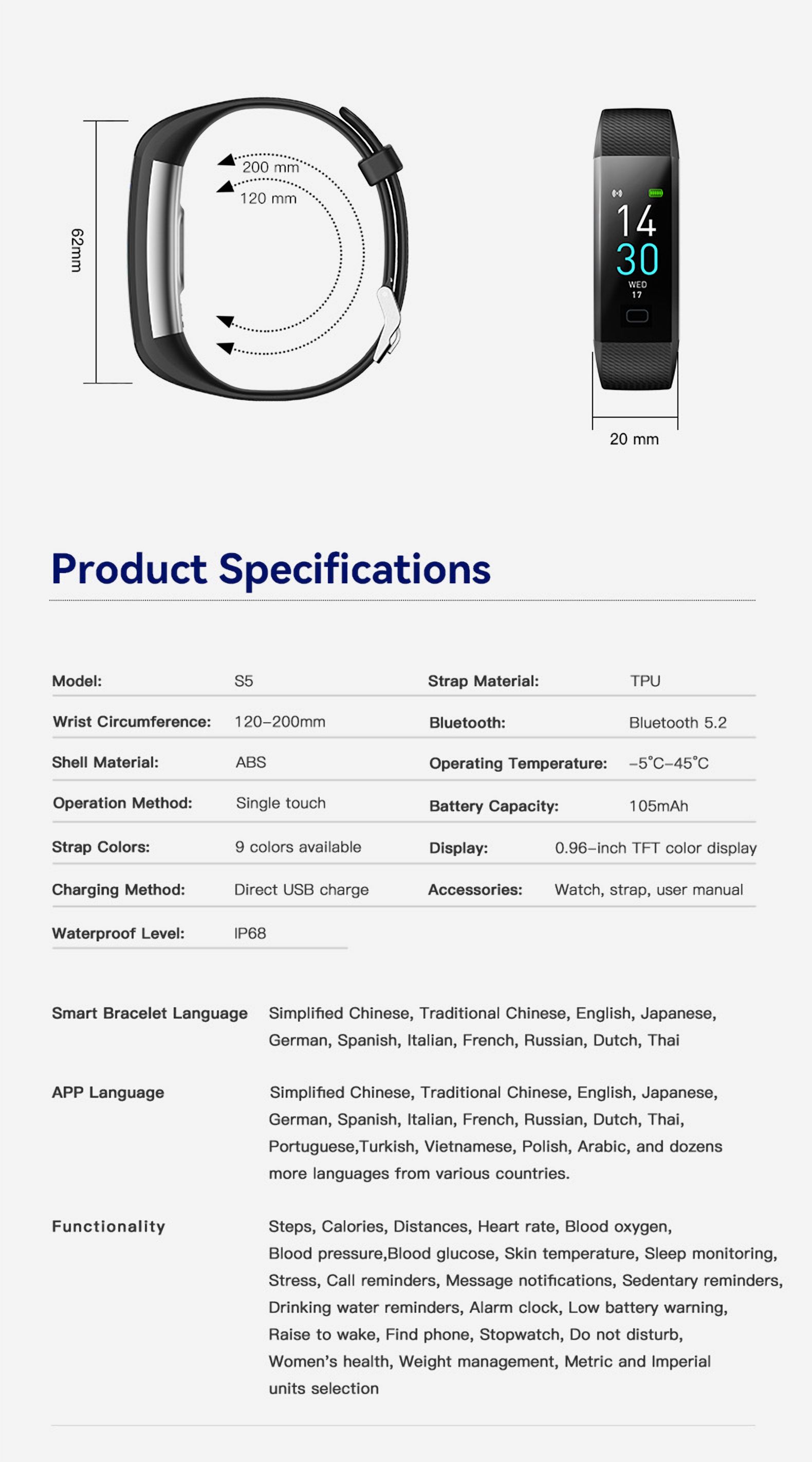 LAATIKUI S5 smart watch heart rate monitor fitness tracker waterproof bracelet
