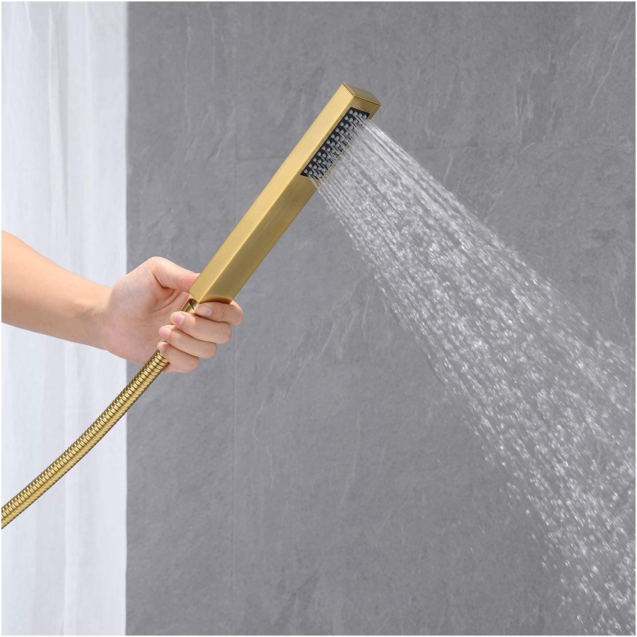 JERFIT 37" Brushed Gold Floor Mounted Tub Filler with Handheld Shower, Waterfall Spout Freestanding Bathtub Faucet